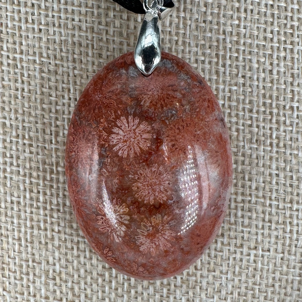 Orange and Pink/Lavender Coral Fossil Oval Pendant on Black Satin Rope - Picture 8 of 12